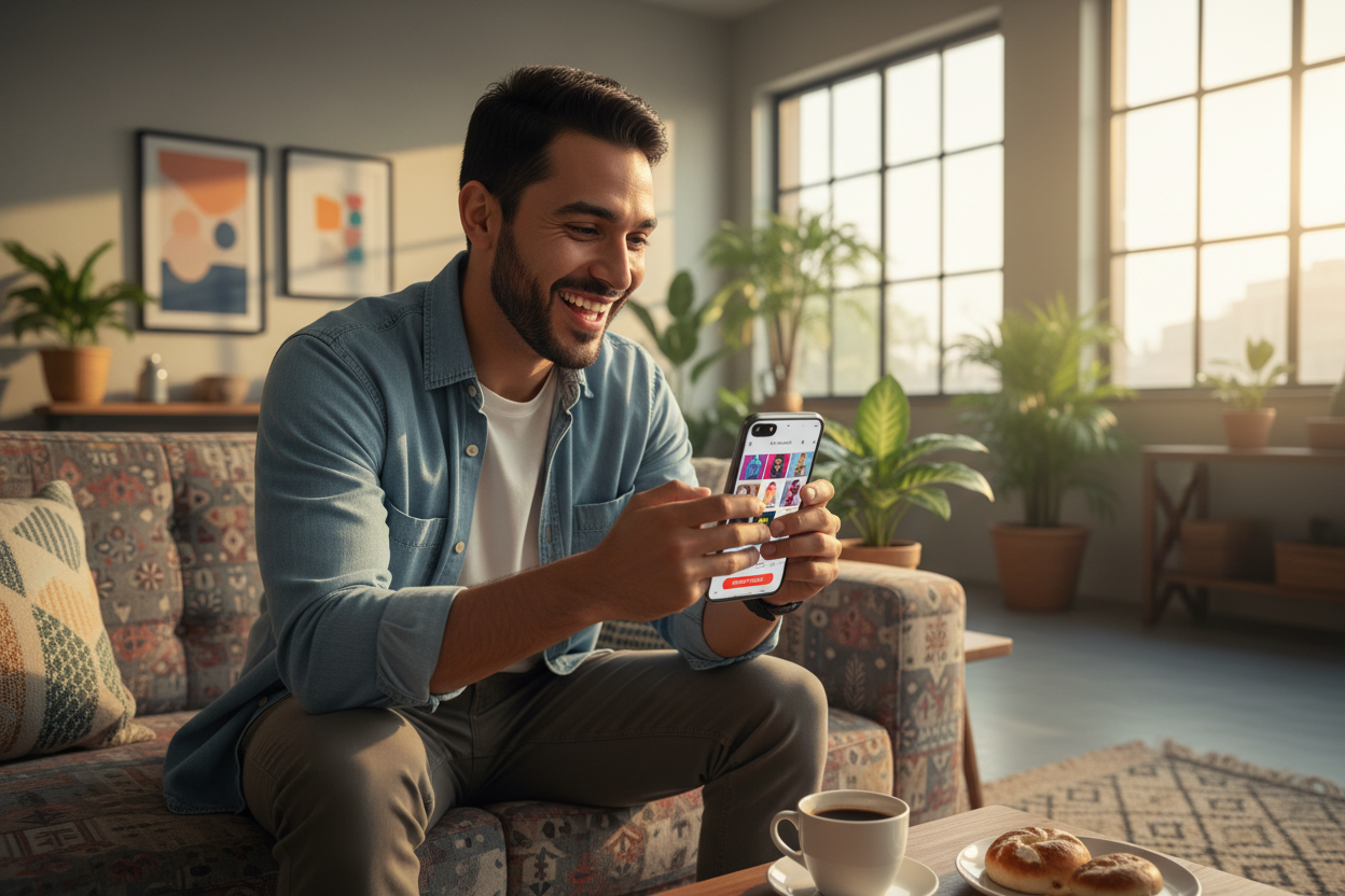 una persona Colombiana comprando feliz desde su celular 